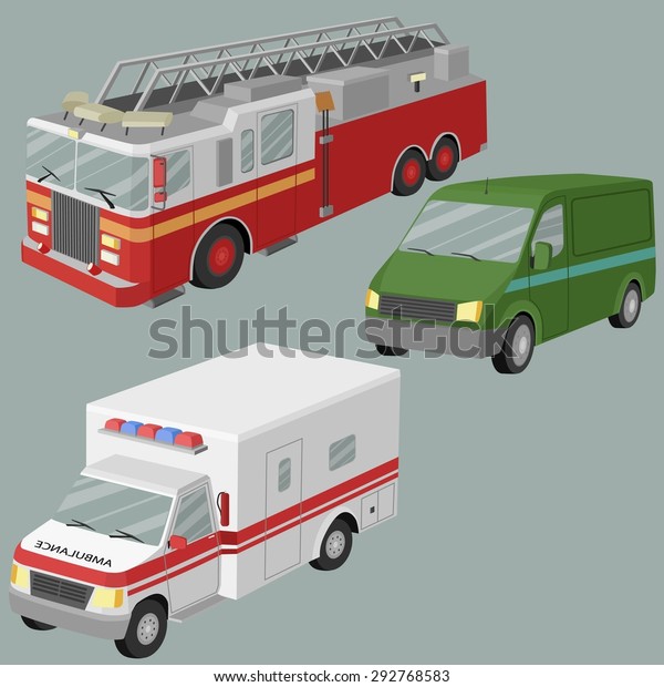 Ambulance, fire and cash collector vehicles \
transportation freight trucks  vector set.\
