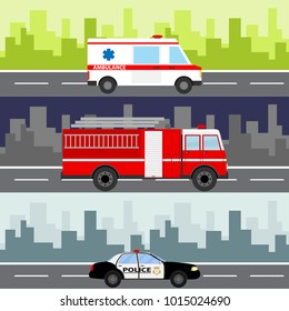 An ambulance, a fire truck, a police car on a city landscape background. Service auto vehicle, public and emergency transport, urban roadside assistance. Flat design, vector illustration, vector.