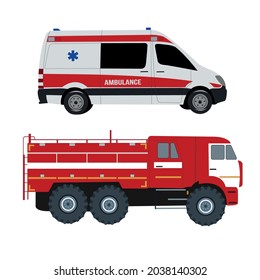 An ambulance and a fire truck in red. Realistic style with flashing lights
