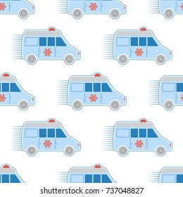 Ambulance first aid car seamless pattern. Cartoon style emergency, rescue transportation vector illustration.