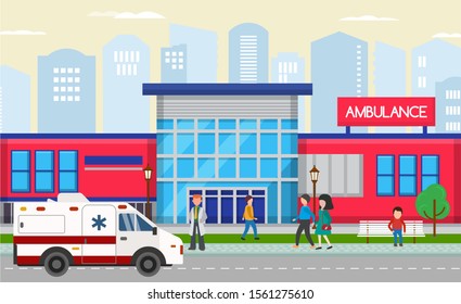 Ambulance first aid emergency medical station modern building vector illustration. Ambulance car, doctor and other people. Life saving and medical treatment. Cityscape background.