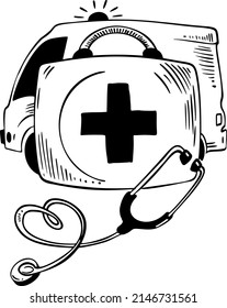 ambulance, first aid kit, stethoscope, hand draw. Black vector illustration art