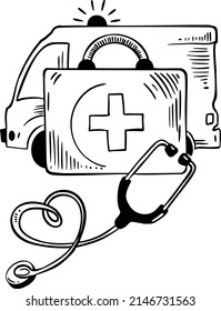 ambulance, first aid kit, stethoscope, hand draw. Black vector illustration art