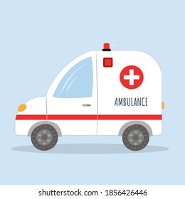 Ambulance in flat cartoon style on blue background. Vector illustration