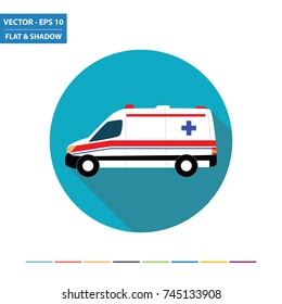 Ambulance flat icon with long shadow. Vector Illustration.