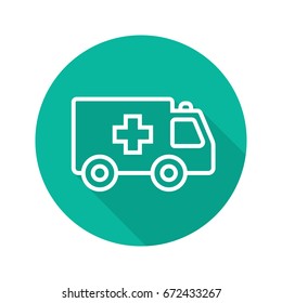 Ambulance flat linear long shadow icon. Emergency car. Vector outline symbol