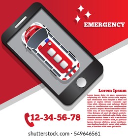 Ambulance in the form of a mobile application. Top view of the car. Vector illustration. 