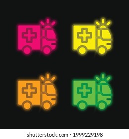 Ambulance four color glowing neon vector icon