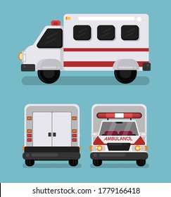 Ambulance with front back and half side concept vector illustration, ambulance flat design