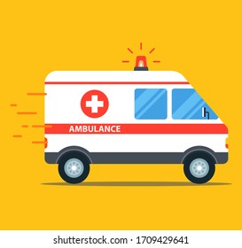la ambulancia va a la llamada con el lavaparabrisas encendido. Ilustración vectorial de camión plano.