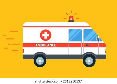 the ambulance goes to the call with the flasher on. Flat car vector illustration.