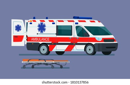 Ambulance with a gurney for the patient. Vector flat style illustration.