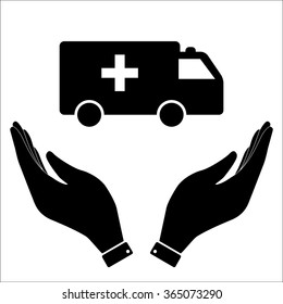 Ambulance in hand icon, care symbol vector illustration. Flat design style