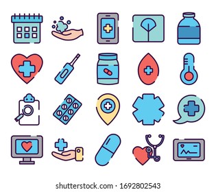 ambulance and healthcare icon set over white background, line color style, vector illustration