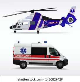 Ambulance helicopter and ambulance car. air and ground transportation to transport injured and sick people to the hospital. Isolated objects on white background. Vector illustration.