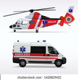 Ambulance helicopter and ambulance car. air and ground transportation to transport injured and sick people to the hospital. Isolated objects on white background. Vector illustration.