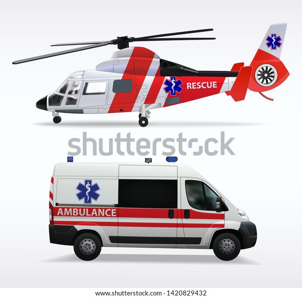 Ambulance\
helicopter and ambulance car. air and ground transportation to\
transport injured and sick people to the hospital. Isolated objects\
on white background. Vector\
illustration.