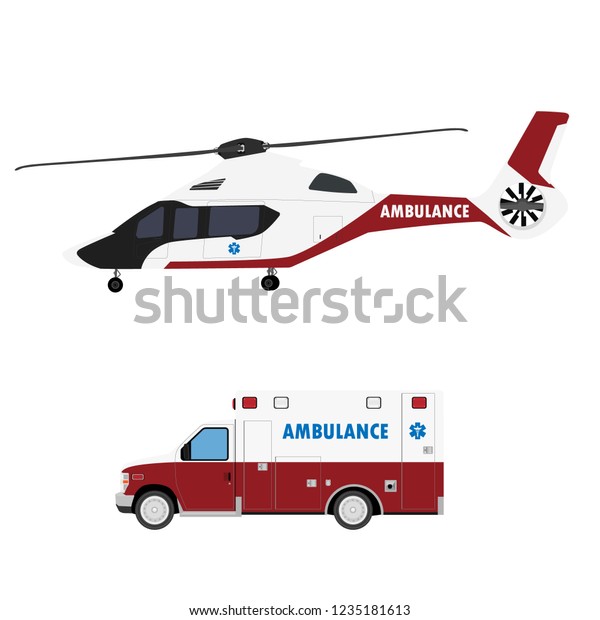 Ambulance helicopter and car. Red\
medical evacuation transport. Healthcare, hospital and medical\
diagnostics. Urgency and emergency services. Vector illustration\
