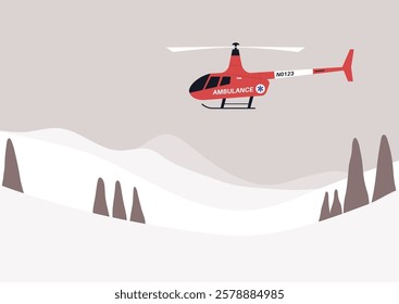 An ambulance helicopter hovers over a serene winter landscape, its red colors contrasting against the white snow, Majestic mountains rise in the background, depicting a scene of urgency and serenity