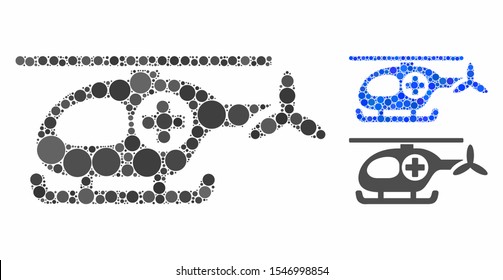 Ambulance helicopter mosaic of small circles in variable sizes and color hues, based on ambulance helicopter icon. Vector random circles are united into blue mosaic.