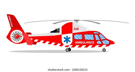 Ambulance helicopter. Red medical evacuation helicopter. Healthcare, hospital and medical diagnostics. Urgency and emergency services. Vector illustration in flat style