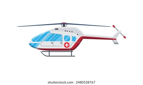 Helicóptero de ambulancia. Helicóptero rojo de evacuación médica. Salud, hospital y diagnóstico médico. Servicios de urgencia y emergencia. Ilustración vectorial en estilo plano