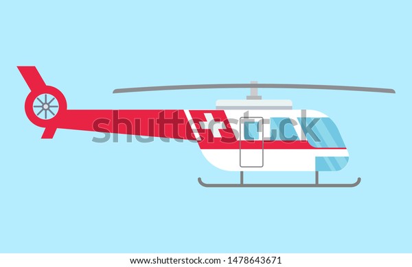 Ambulance helicopter. Red\
medical evacuation helicopter. Healthcare, hospital and medical\
diagnostics. Urgency and emergency services. Vector illustration in\
flat style.
