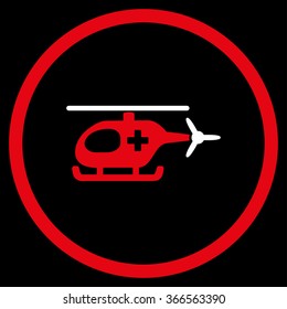 Ambulance Helicopter vector icon. Style is bicolor flat circled symbol, red and white colors, rounded angles, black background.