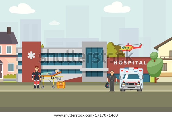 Ambulance hospital banner, vector illustration.\
Clinic worker character brought patient on gurney. Man in uniform\
near working ambulance car outside. Helicopter take off above\
hospital building.