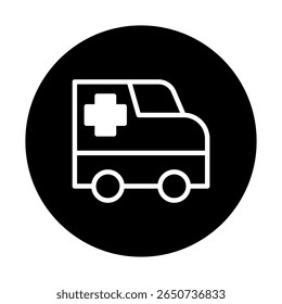 Ambulance icon in a black circle backdrop symbolizing emergency healthcare and immediate response services available
