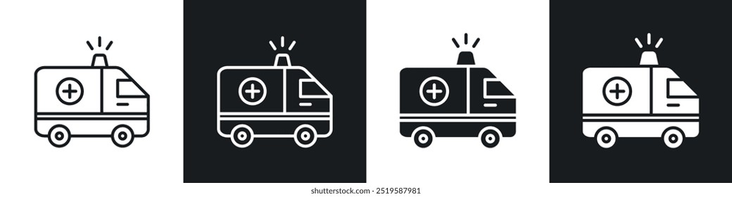 Ambulance icon collection in black and white filled and stroke line style.