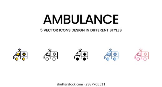 Ambulance Icon Design in Five style with Editable Stroke. Line, Solid, Flat Line, Duo Tone Color, and Color Gradient Line. Suitable for Web Page, Mobile App, UI, UX and GUI design.