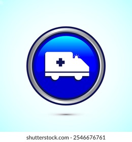 Ilustración de diseño de icono de ambulancia. Coche de emergencia, símbolo de la furgoneta de la medicina. Diseño de Botón redondo de color azul