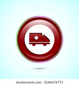 Ilustración de diseño de icono de ambulancia. Coche de emergencia, símbolo de la furgoneta de la medicina. Diseño de Botón redondo de color rojo