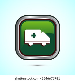 Ambulance icon design illustration. Emergency car, medicine van symbol. Green Color Square Button Design