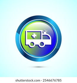 Ambulance icon design illustration. Emergency car, medicine van symbol. Glossy Round Button Design