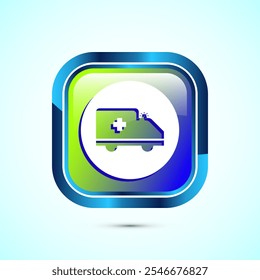 Ambulance icon design illustration. Emergency car, medicine van symbol. Glossy Square Button Design