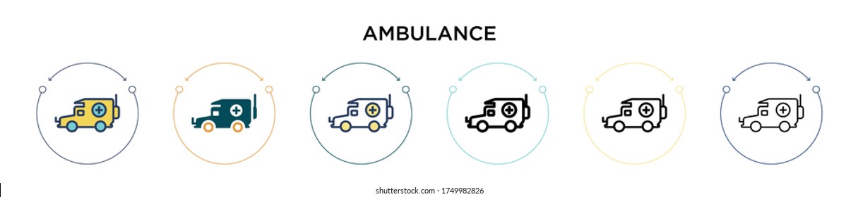 Icono de Ambulancia en el estilo relleno, delgado, contorno y trazo. Ilustración vectorial de dos diseños de vectores de ambulancias coloreadas y negras se pueden utilizar para móviles, ui, web