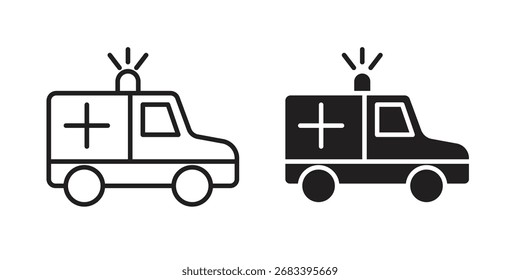 Ícone de ambulância pacote de estilo plano e traçado no plano de fundo branco. Ilustrações vetoriais