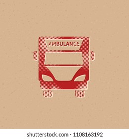 Ambulance icon in halftone style. Grunge background vector illustration.