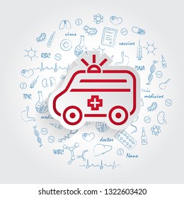 Ambulance icon and healthcare doodles on background