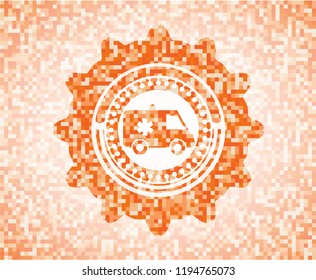 ambulance icon inside abstract emblem, orange mosaic background