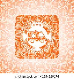 ambulance icon inside abstract emblem, orange mosaic background