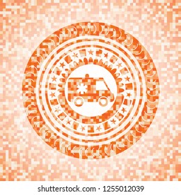 ambulance icon inside abstract orange mosaic emblem with background