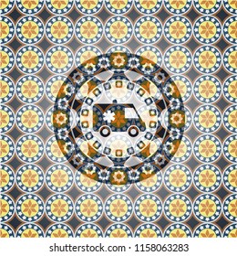 ambulance icon inside arabesque emblem background. arabic decoration.