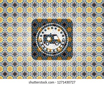 ambulance icon inside arabesque emblem background. arabic decoration.