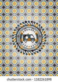 ambulance icon inside arabesque style emblem. arabic decoration.