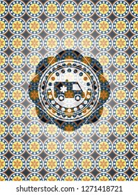 ambulance icon inside arabesque style emblem. arabic decoration.