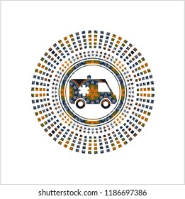 ambulance icon inside arabic badge. Arabesque decoration.