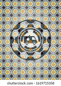 ambulance icon inside arabic badge. Arabesque decoration.